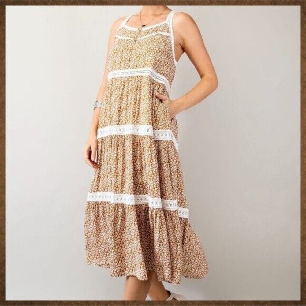 EASEL Racerback Floral Print Lace Trim Tiers Midi - Maxi Ruffled Hem - Picture 5 of 16